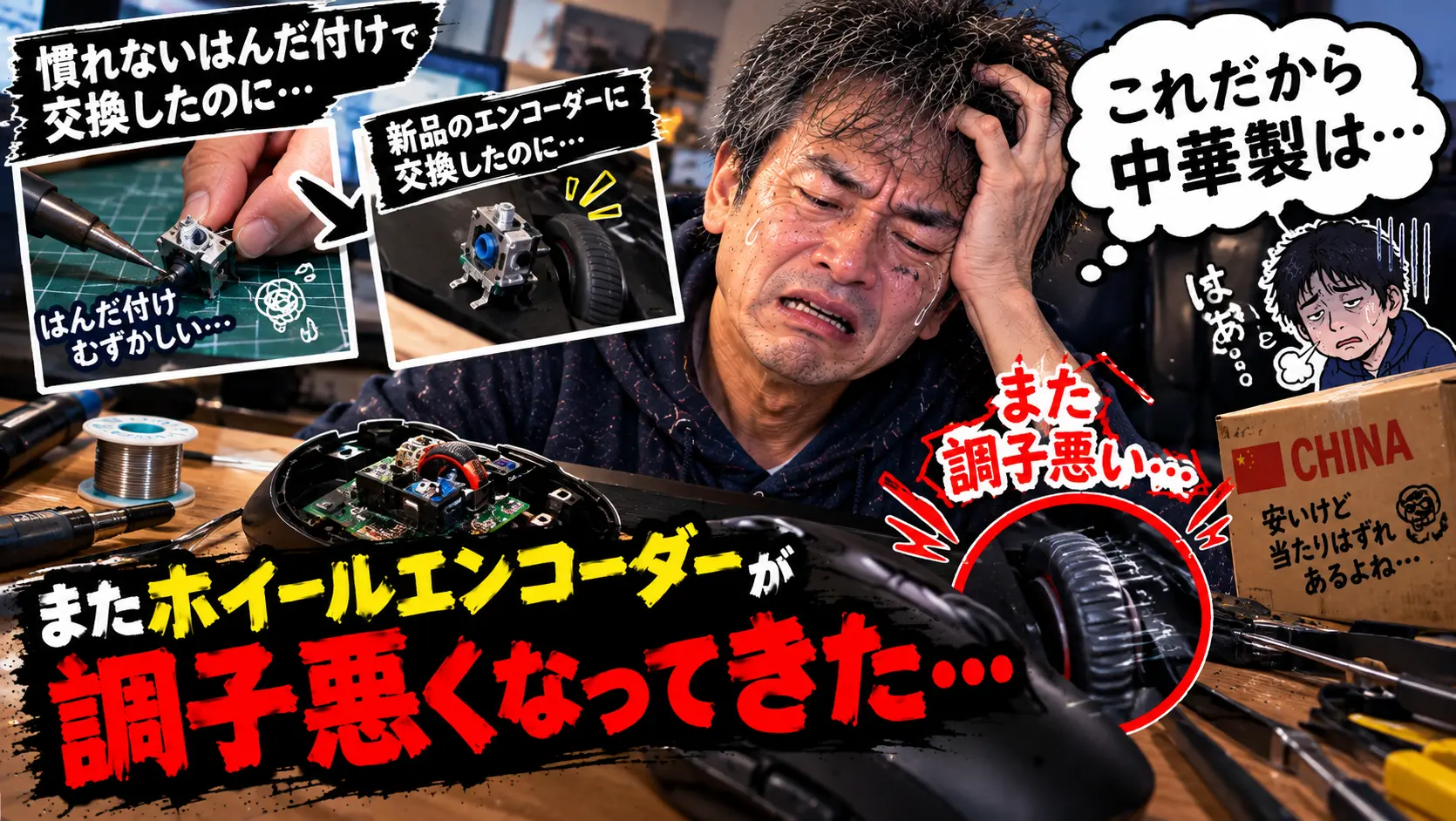 マウスのホイールエンコーダーの調子が悪くうんざりしている様子
