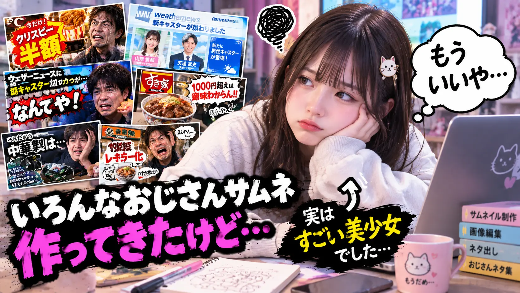 おじさんサムネイルをたくさん作って飽きている様子の美少女