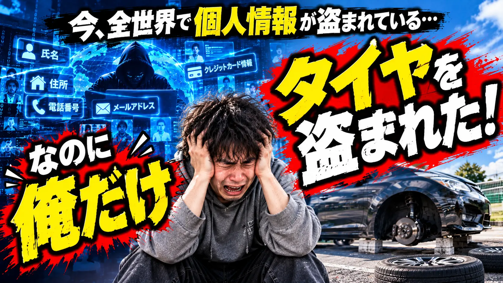 車のタイヤを盗まれて頭を抱えている様子