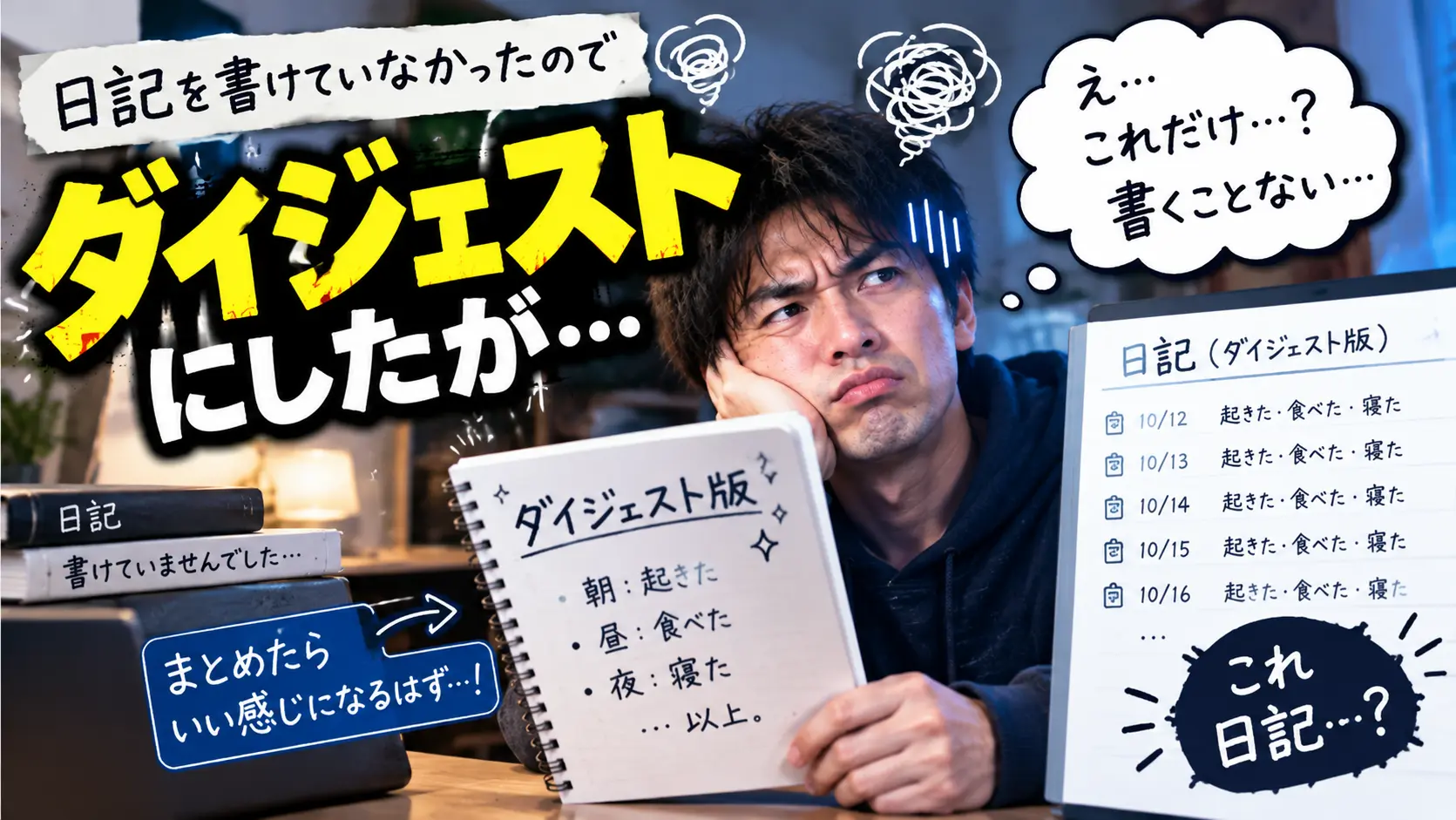 日記のネタが尽きて困っている様子