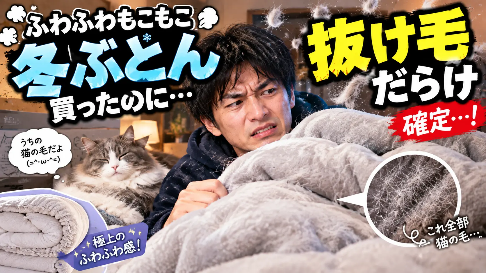 ふわふわもこもこの冬布団が猫の毛だらけになっている様子