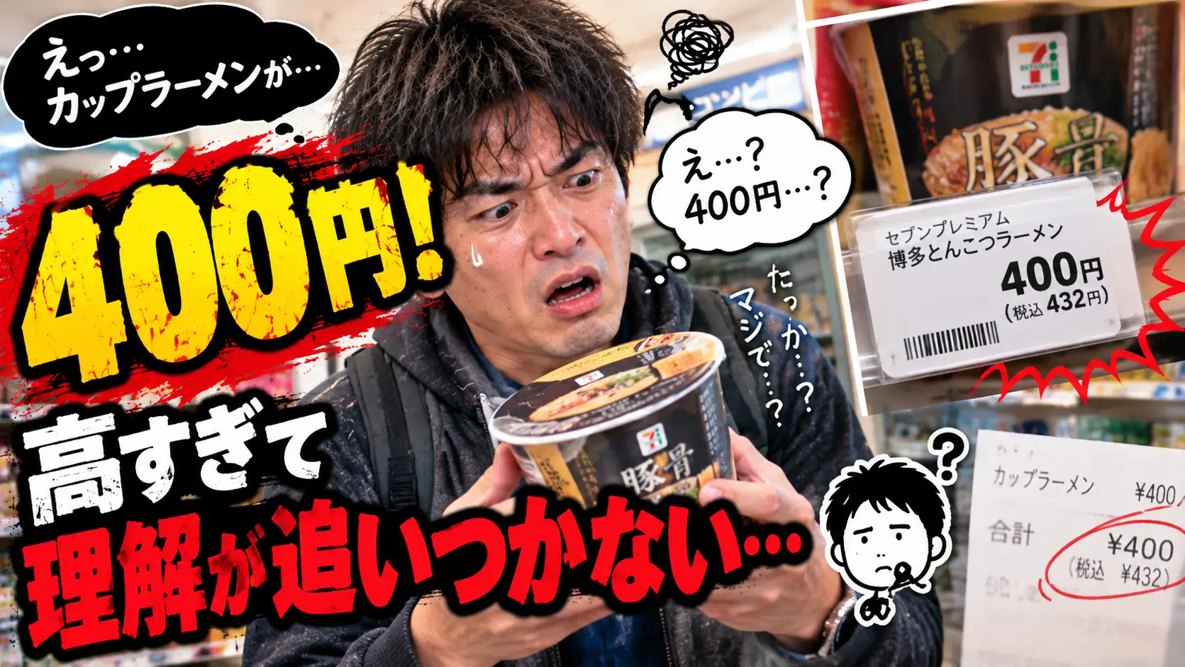 カップラーメンの値段が400円で慄いている様子