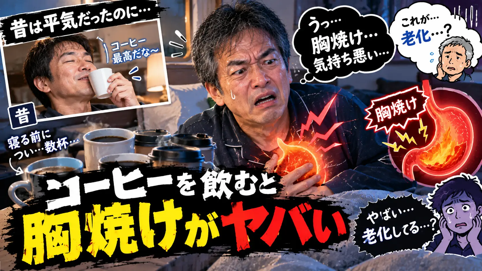 寝る前にコーヒーを飲んで胸焼けを起こしている様子